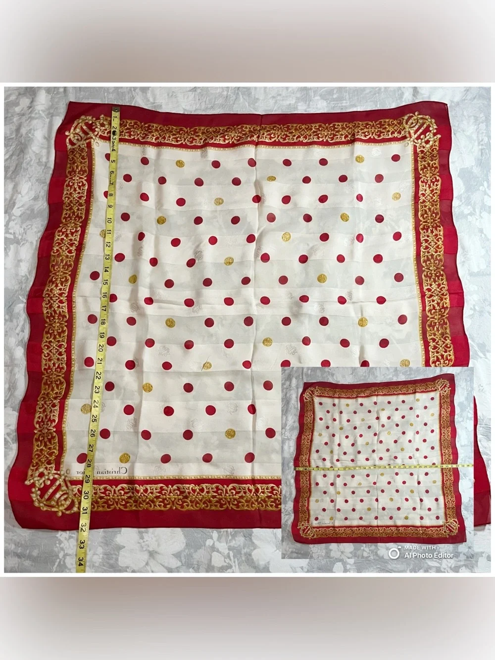 Dior Vintage Silk Chiffon Scarf Red Gold Polka Dot Crown Filigree Jacquard 32